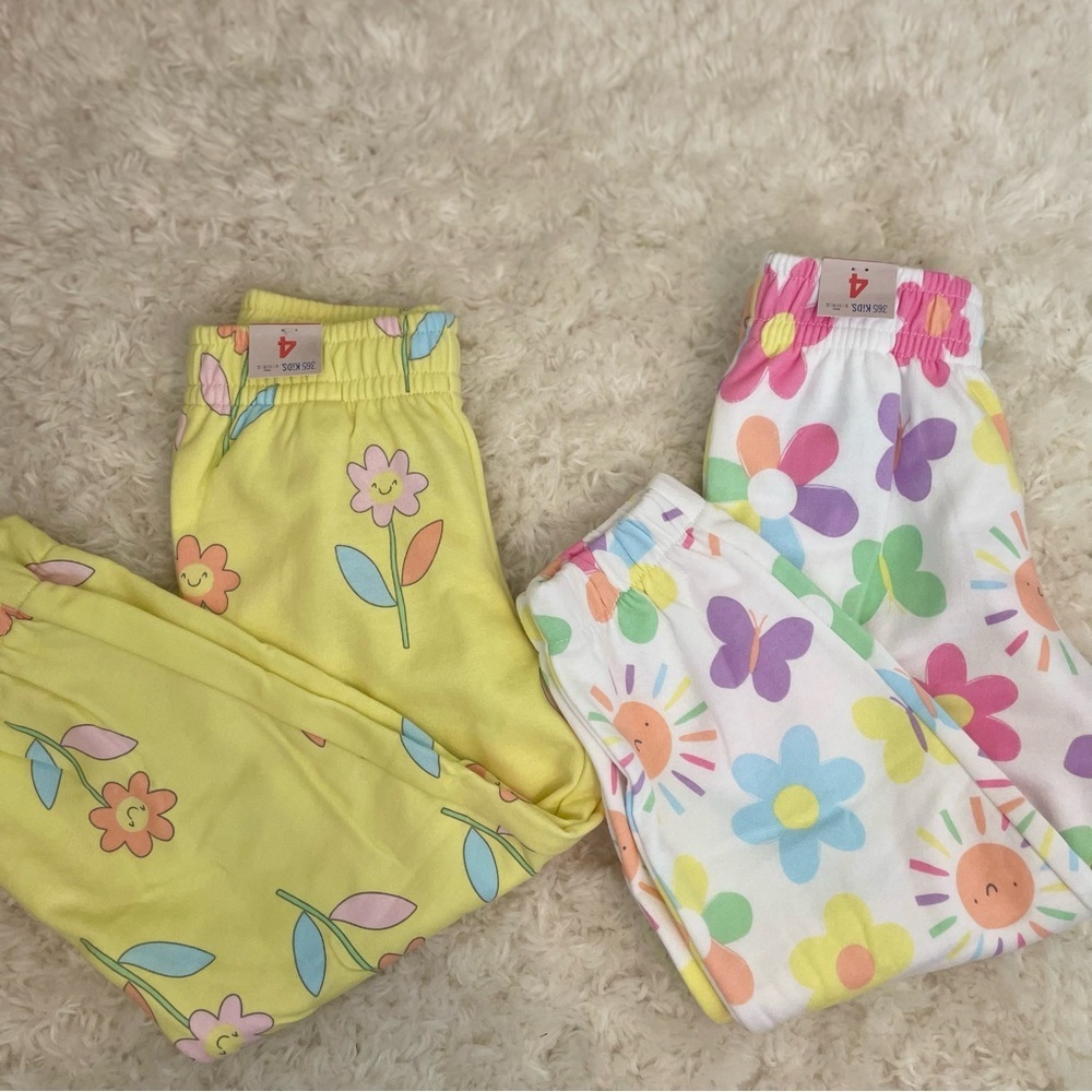 365 Kids Girls‎ Butterfly Flower Jogger Pants White Yellow Size 4